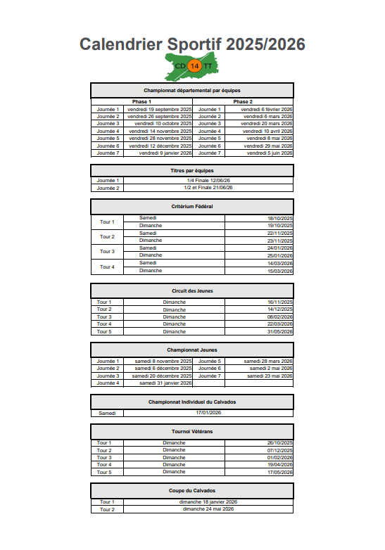 Calendrier Sportif Départemental 2025/2026