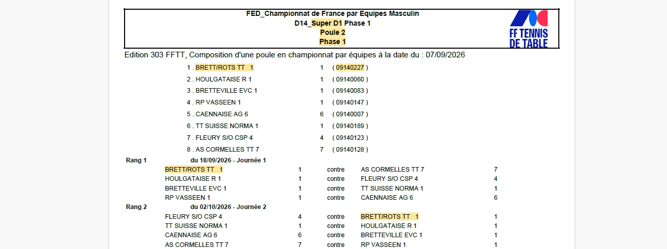 Calendriers championnat Départemental 1ère phase 2026/2027