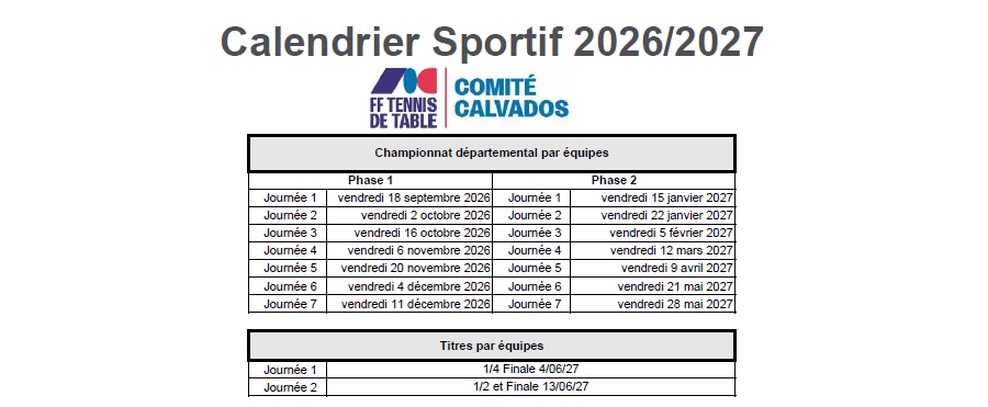 Reprise saison et Calendrier Sportif Dép 2026/2027
