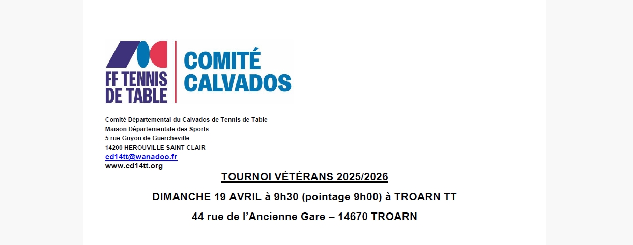 Tournoi Vétérans le 19 avril à Troarn