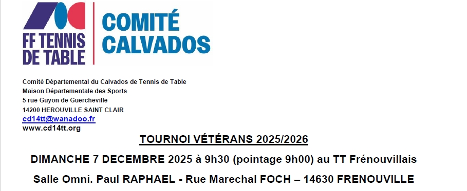 Tournoi Vétérans le 7 décembre à Frénouville